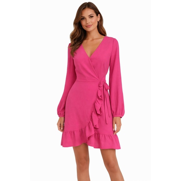Altar'd State Dresses & Skirts - Altar'd State Hot Pink Ruffle Wrap Mini Dress Long Sleeve V-Neck Small